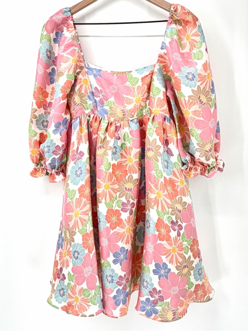 Storia Floral Puff Sleeve Babydoll Mini Dress Size S Garden Party Spring Floral